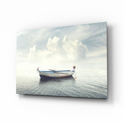 Misty Ocean Rowboat Glass Wall Art