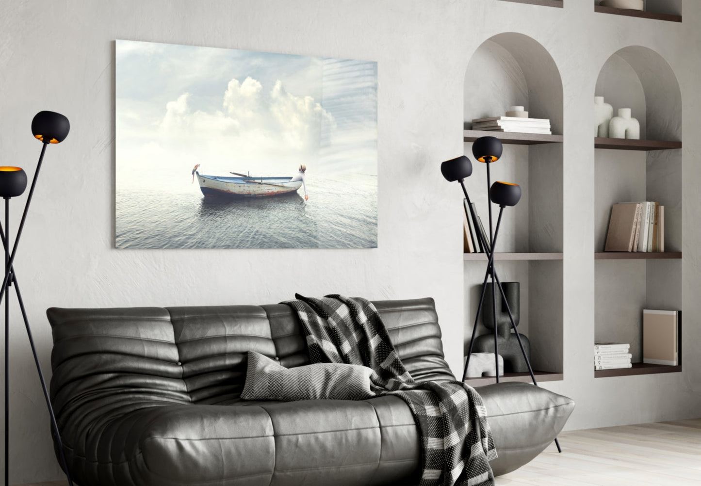 Misty Ocean Rowboat Glass Wall Art