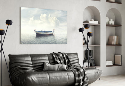 Misty Ocean Rowboat Glass Wall Art