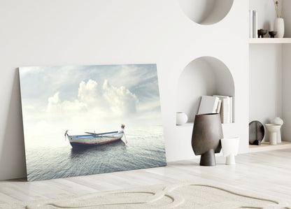Misty Ocean Rowboat Glass Wall Art