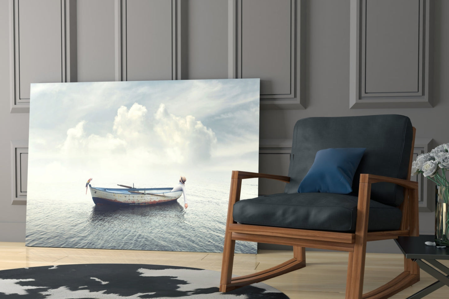 Misty Ocean Rowboat Glass Wall Art
