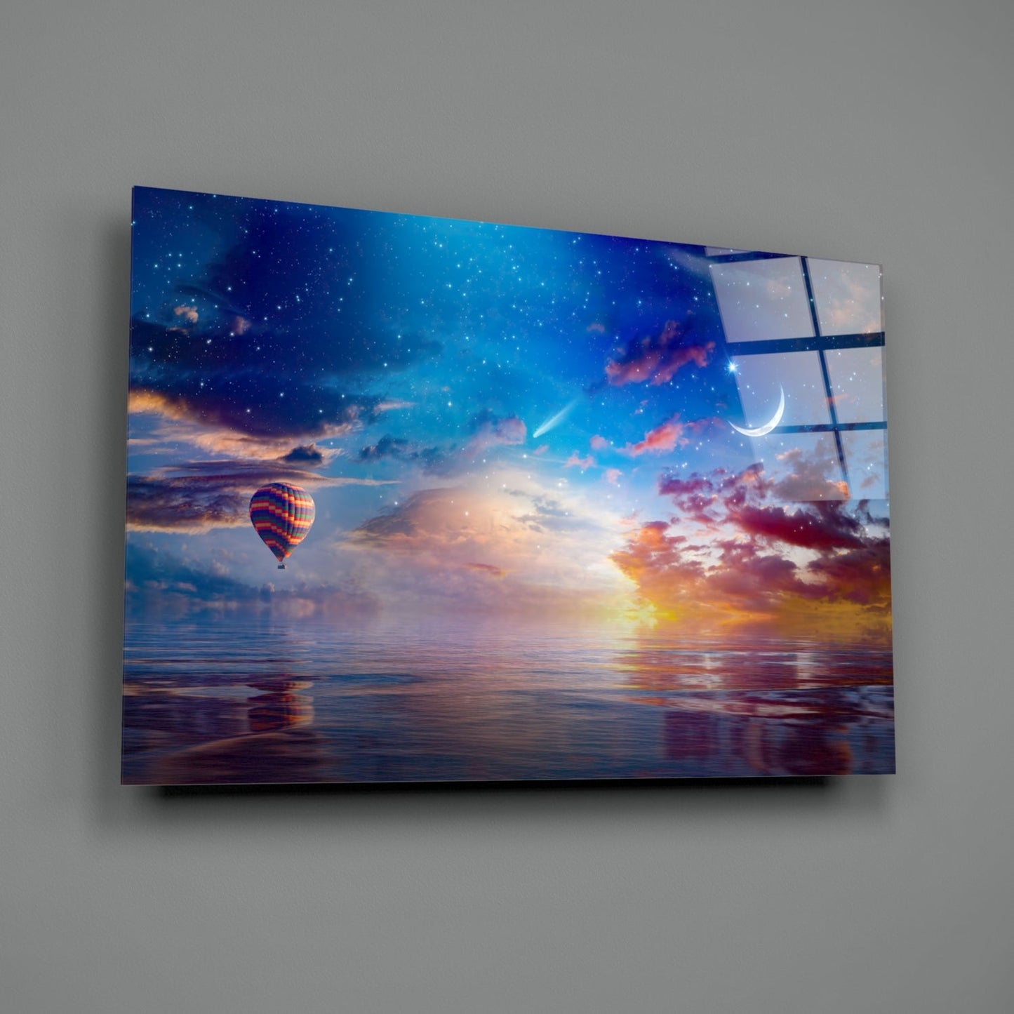 Hot Air Balloon Sunset Sea Glass Wall Art