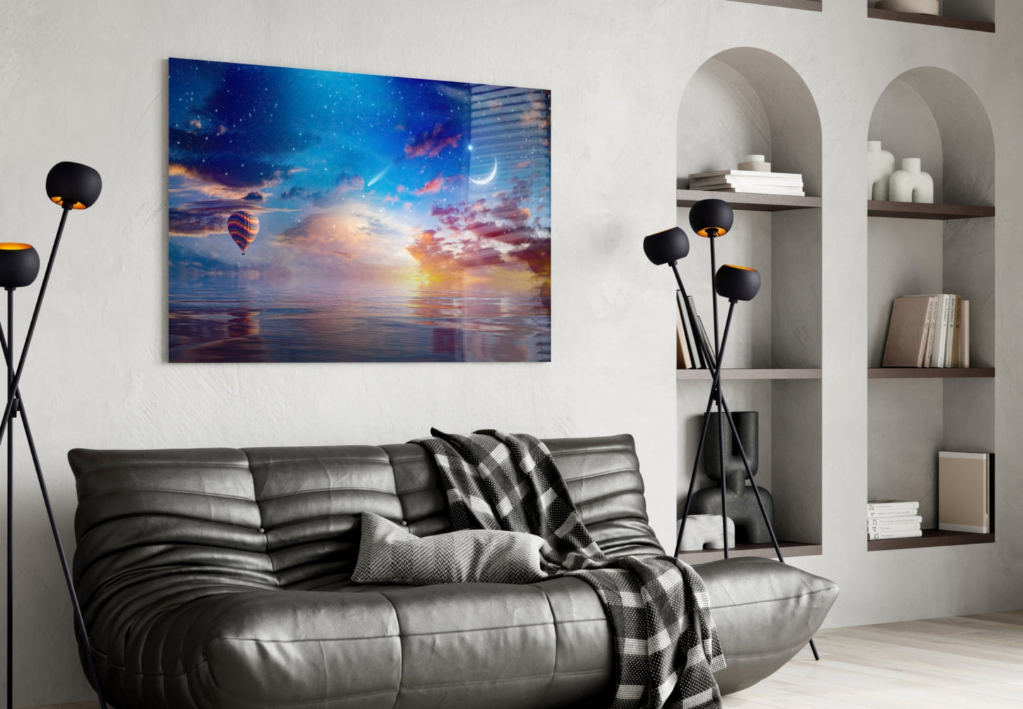 Hot Air Balloon Sunset Sea Glass Wall Art