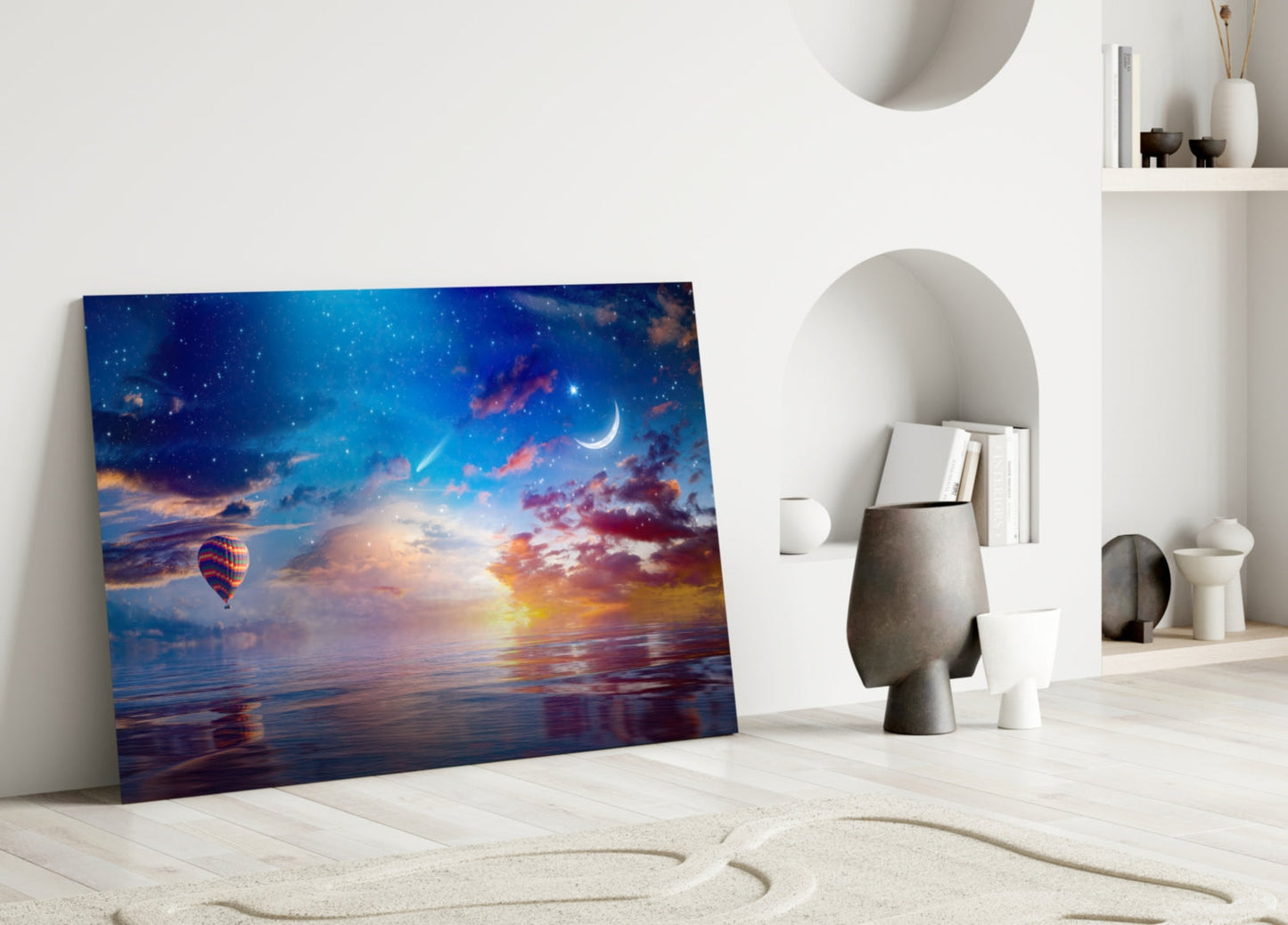 Hot Air Balloon Sunset Sea Glass Wall Art