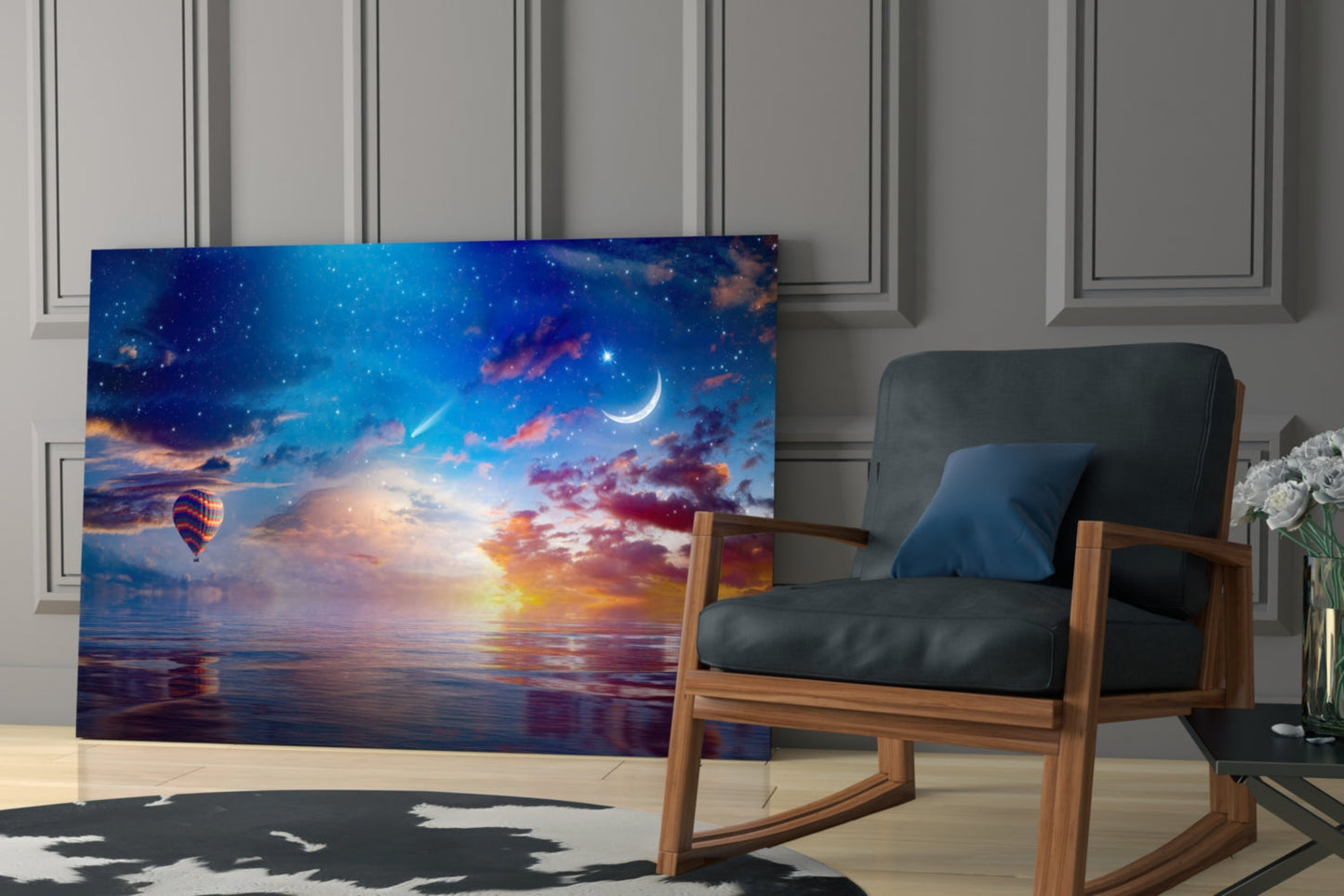 Hot Air Balloon Sunset Sea Glass Wall Art