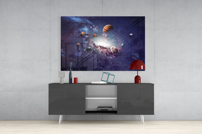 Purple Galaxy Planets and Saturn Glass Wall Art