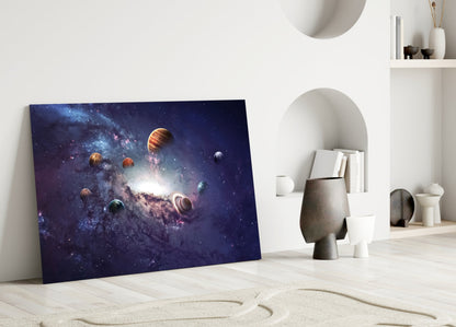 Purple Galaxy Planets and Saturn Glass Wall Art
