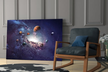 Purple Galaxy Planets and Saturn Glass Wall Art