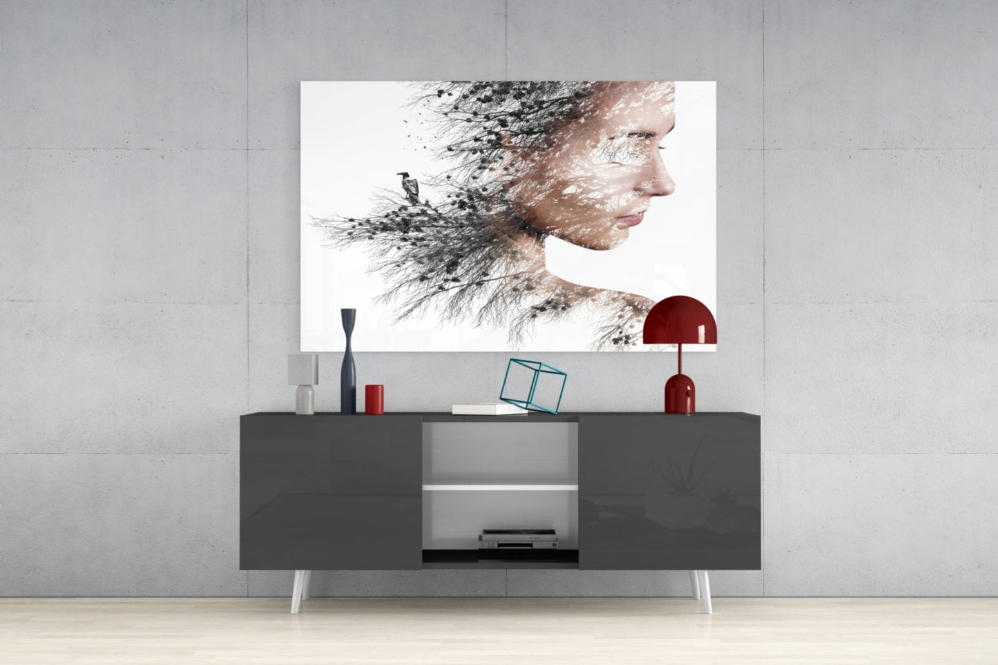 Woman Bird Double Exposure Glass Wall Art