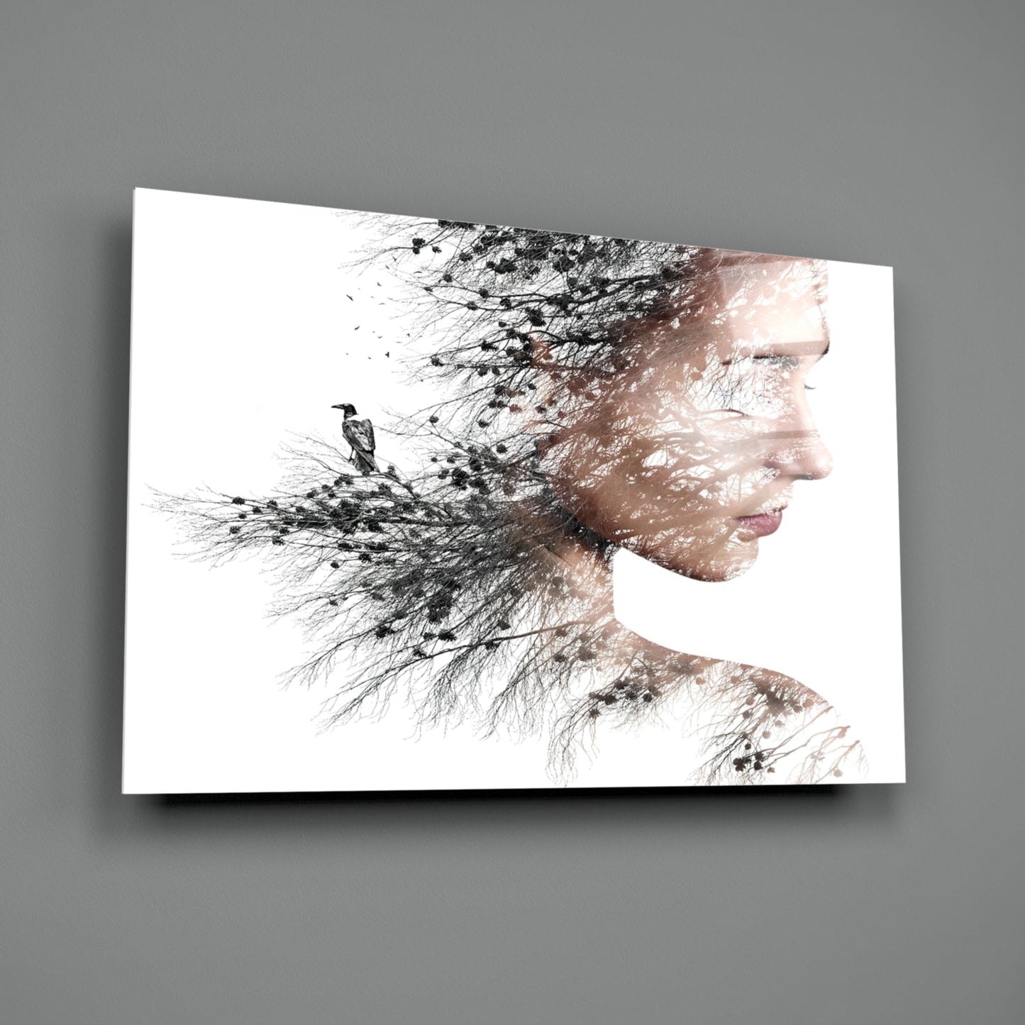 Woman Bird Double Exposure Glass Wall Art