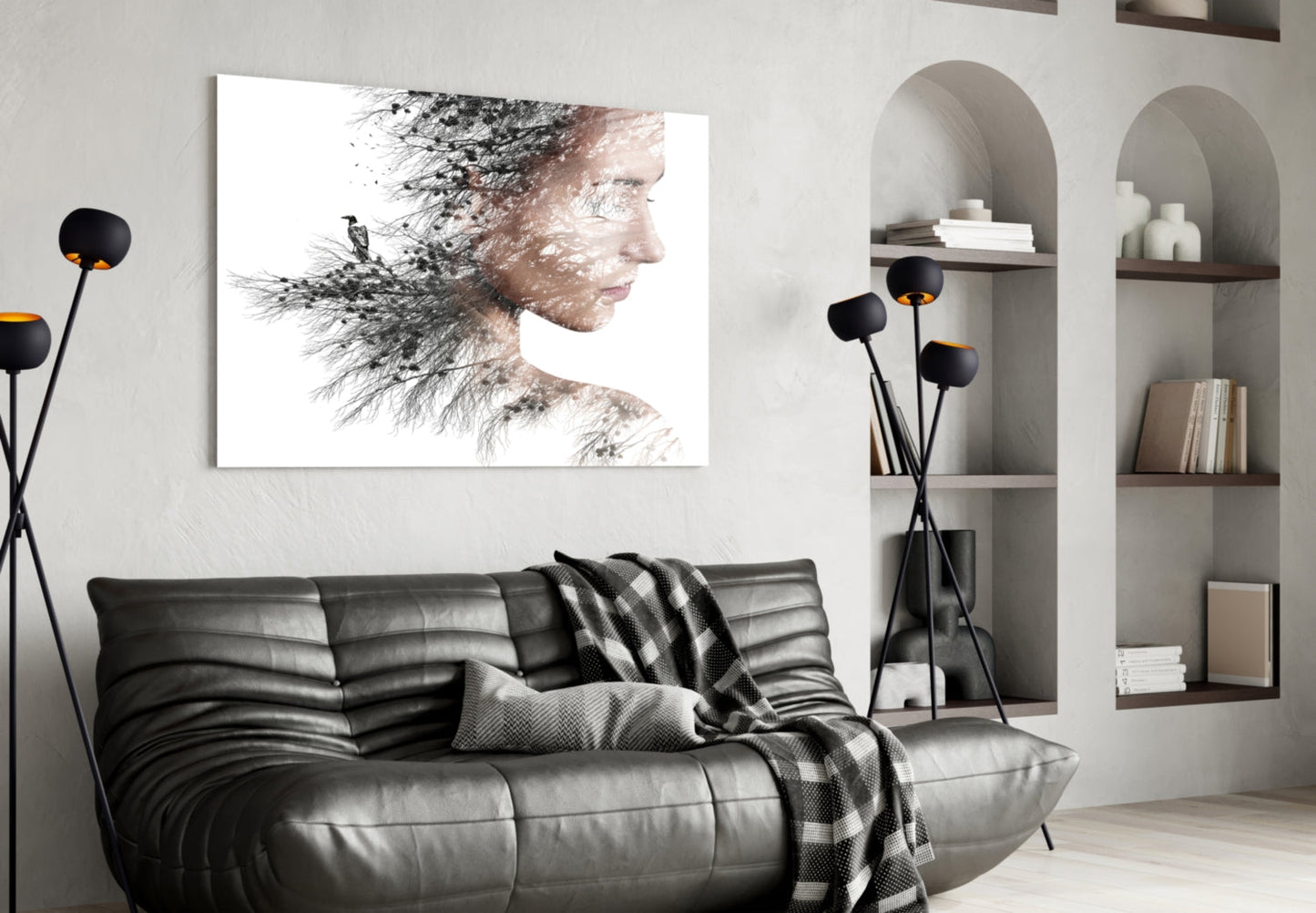 Woman Bird Double Exposure Glass Wall Art