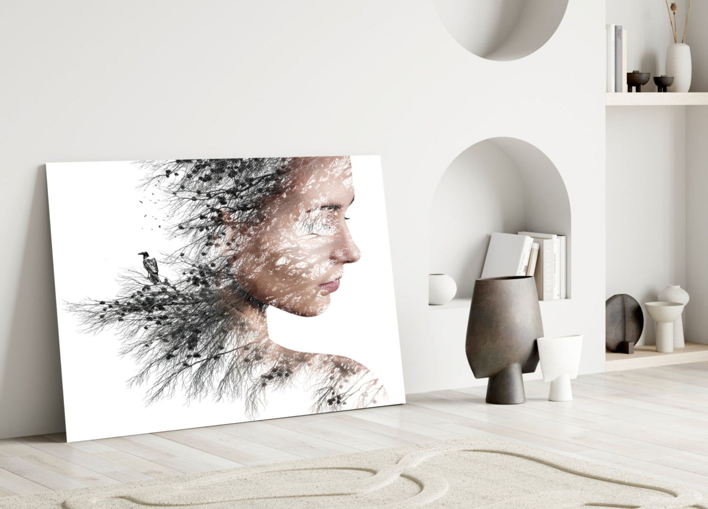 Woman Bird Double Exposure Glass Wall Art