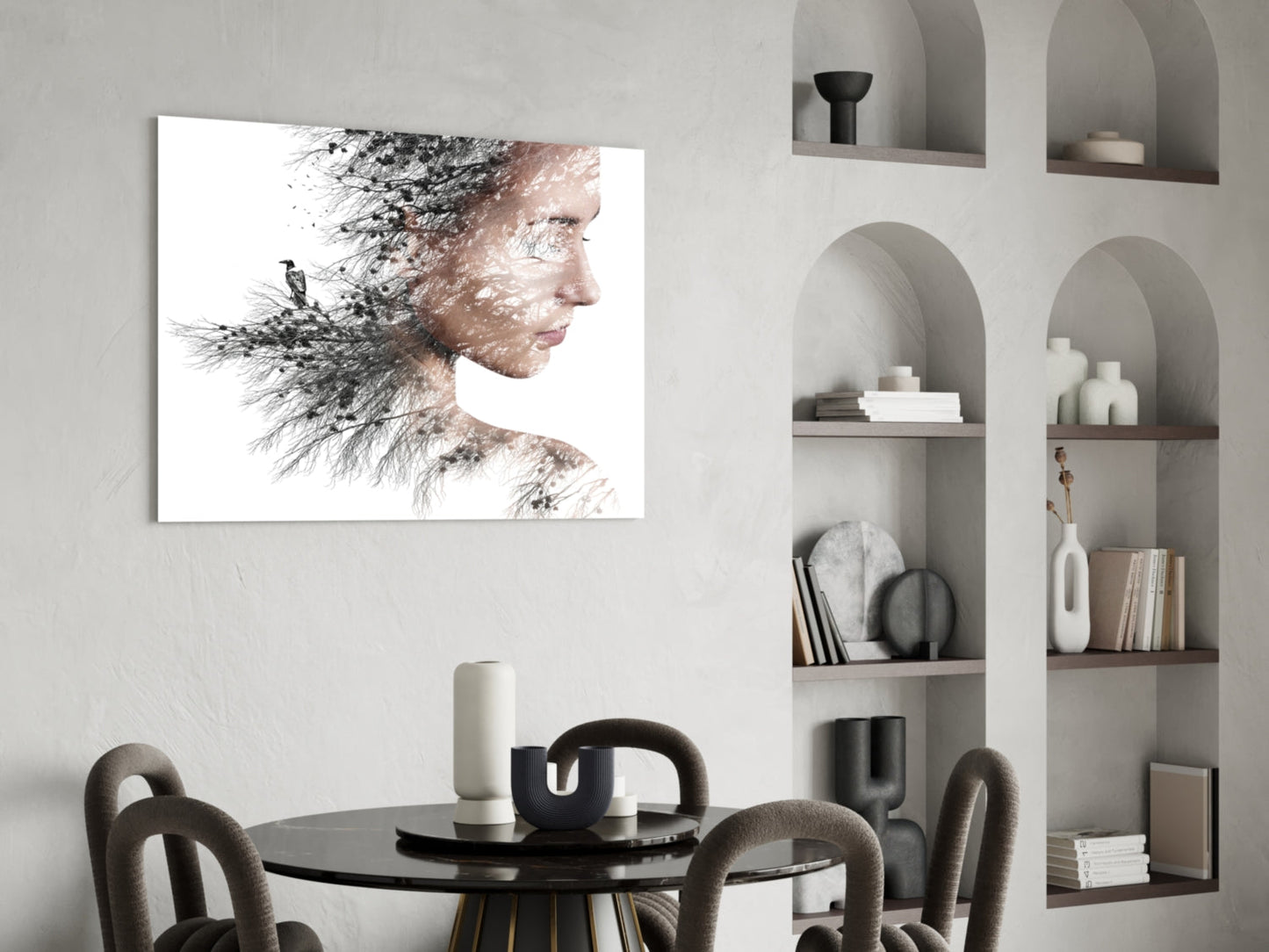 Woman Bird Double Exposure Glass Wall Art