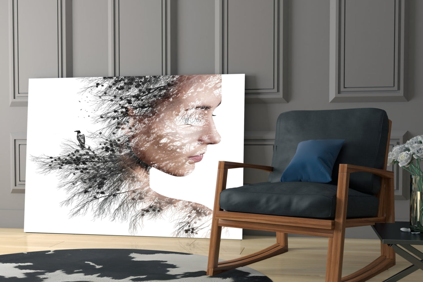 Woman Bird Double Exposure Glass Wall Art