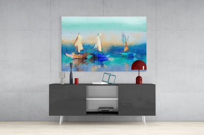 Turquoise Sailboats Glass Wall Art