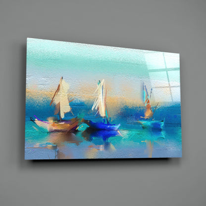 Turquoise Sailboats Glass Wall Art