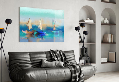 Turquoise Sailboats Glass Wall Art