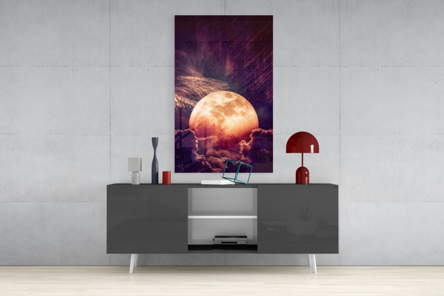 Copper Moon Above Clouds Glass Wall Art