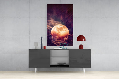 Copper Moon Above Clouds Glass Wall Art