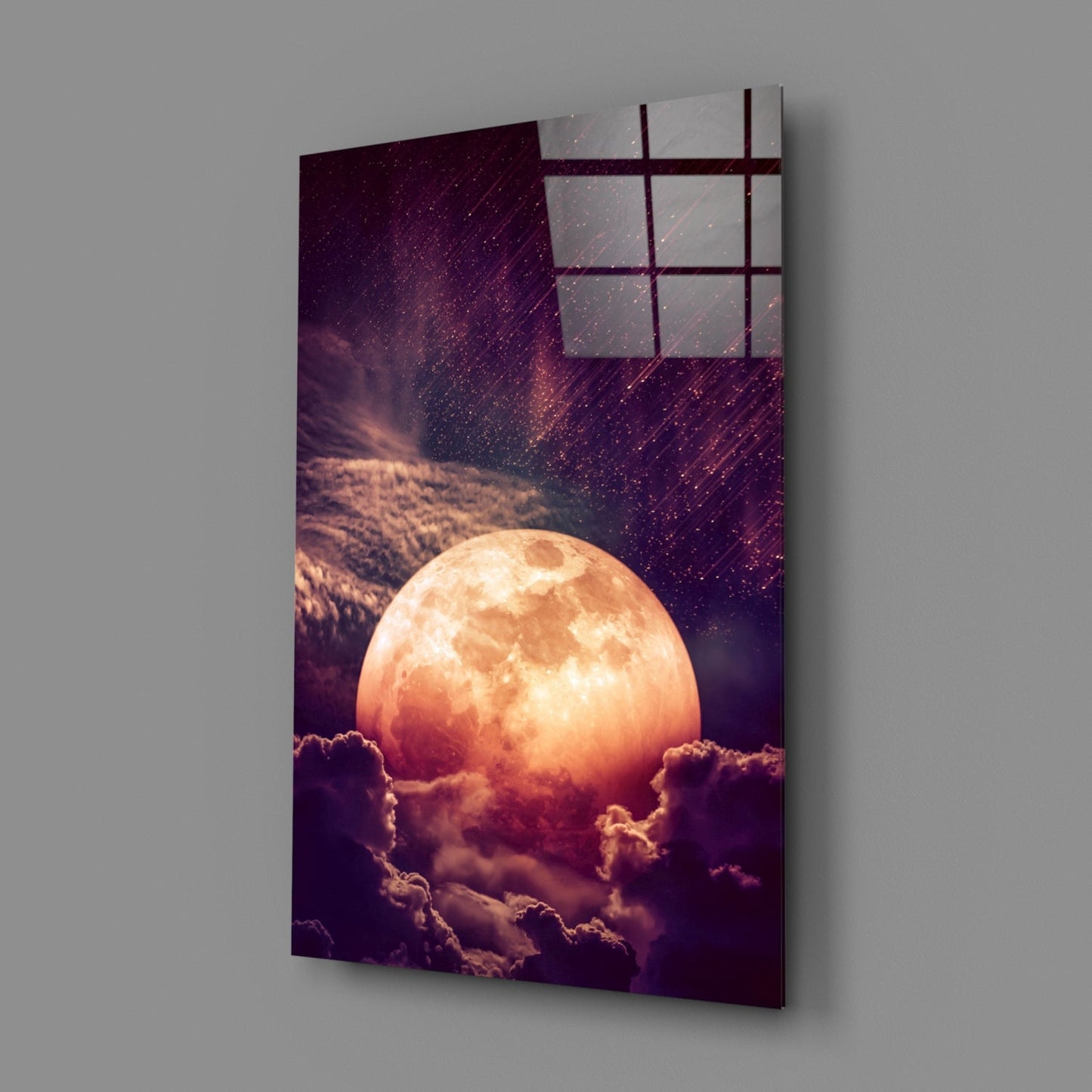 Copper Moon Above Clouds Glass Wall Art