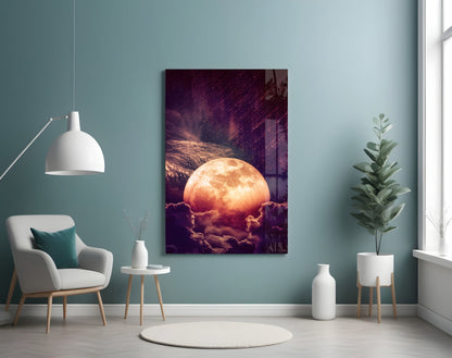 Copper Moon Above Clouds Glass Wall Art