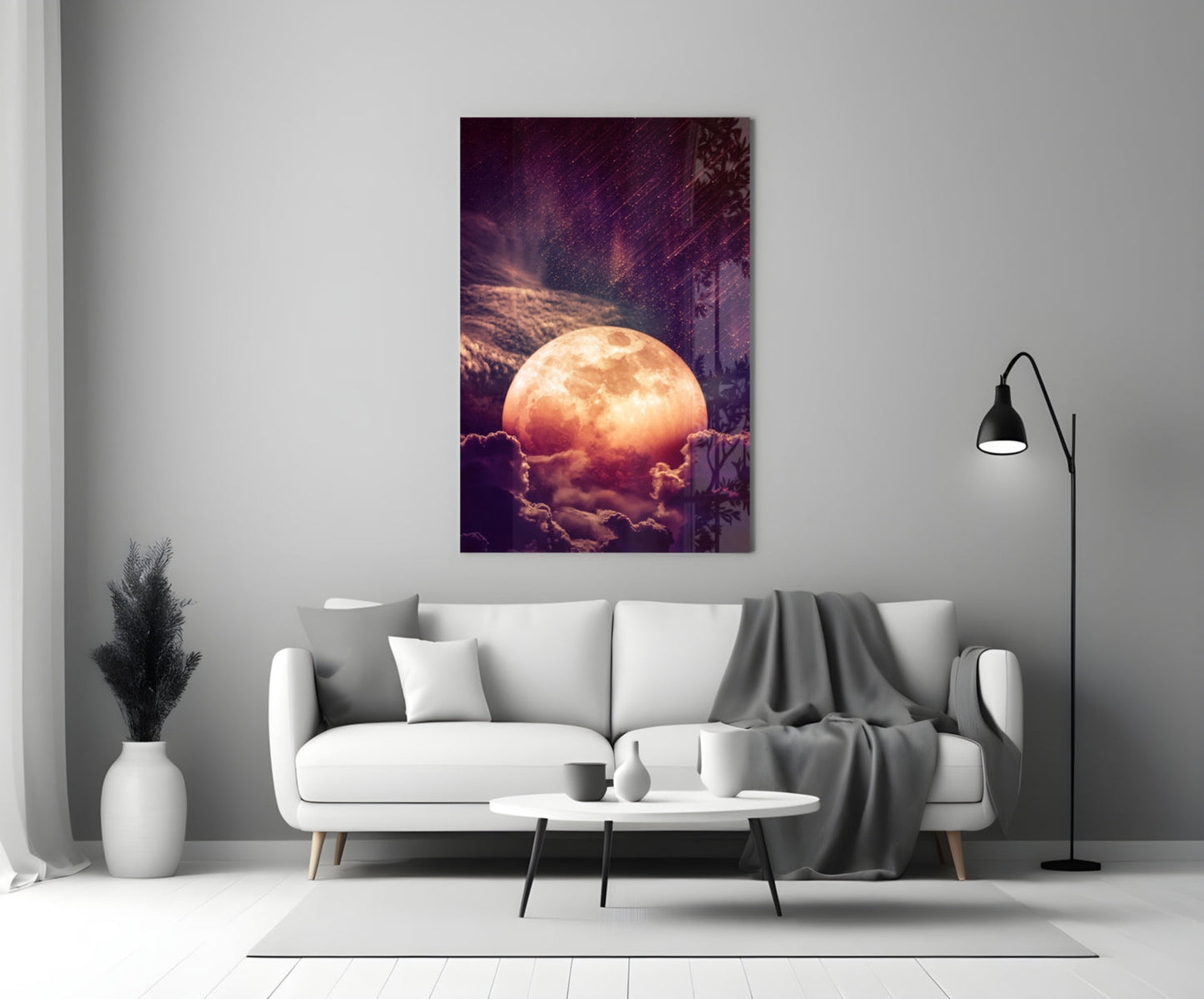 Copper Moon Above Clouds Glass Wall Art