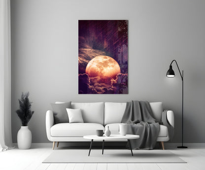 Copper Moon Above Clouds Glass Wall Art