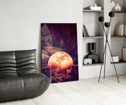 Copper Moon Above Clouds Glass Wall Art