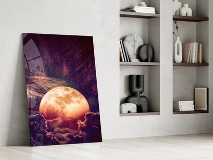 Copper Moon Above Clouds Glass Wall Art
