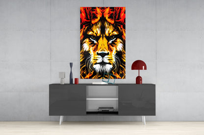 Fire Lion Portrait Glass Wall Art