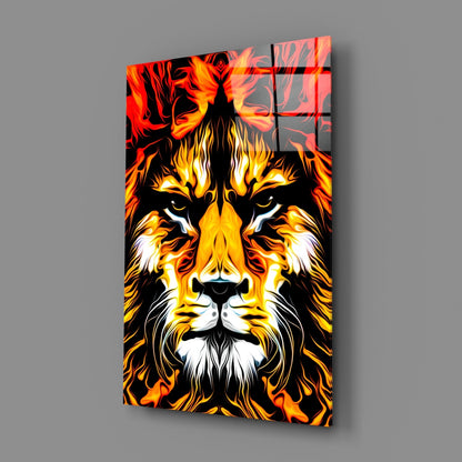 Fire Lion Portrait Glass Wall Art