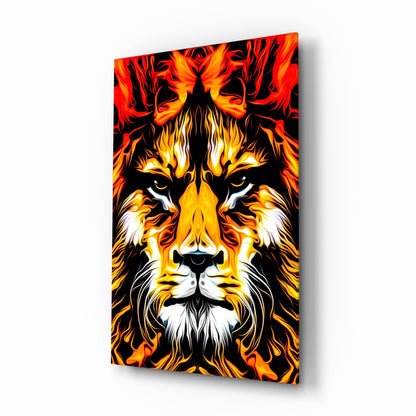 Fire Lion Portrait Glass Wall Art