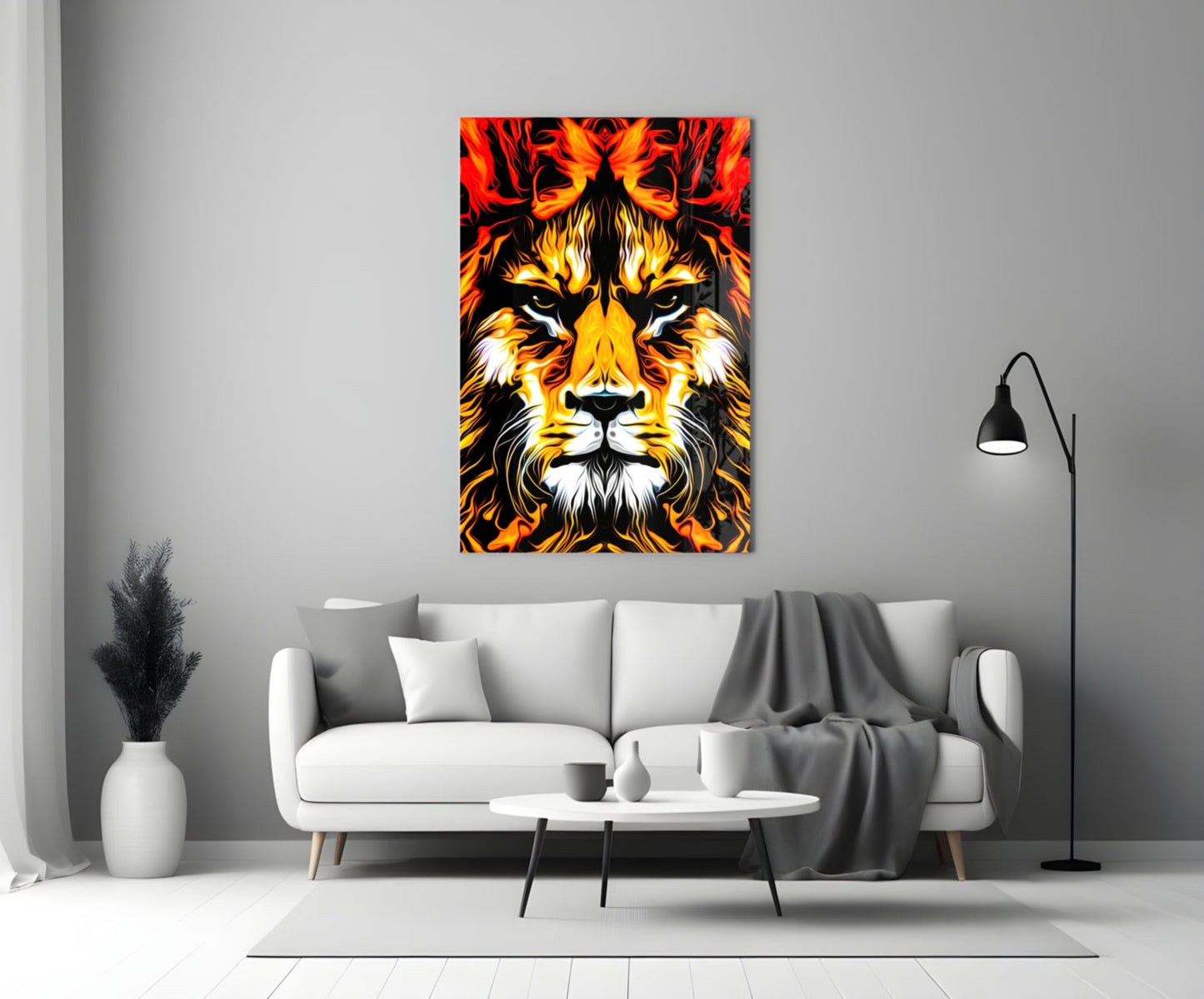 Fire Lion Portrait Glass Wall Art