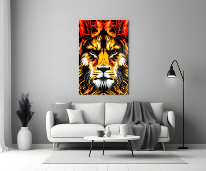 Fire Lion Portrait Glass Wall Art