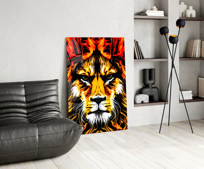 Fire Lion Portrait Glass Wall Art
