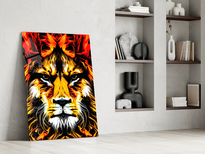 Fire Lion Portrait Glass Wall Art