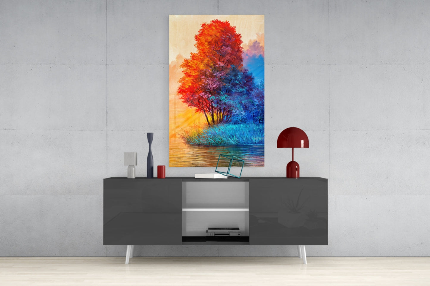 Riverside Red Tree Glass Wall Art