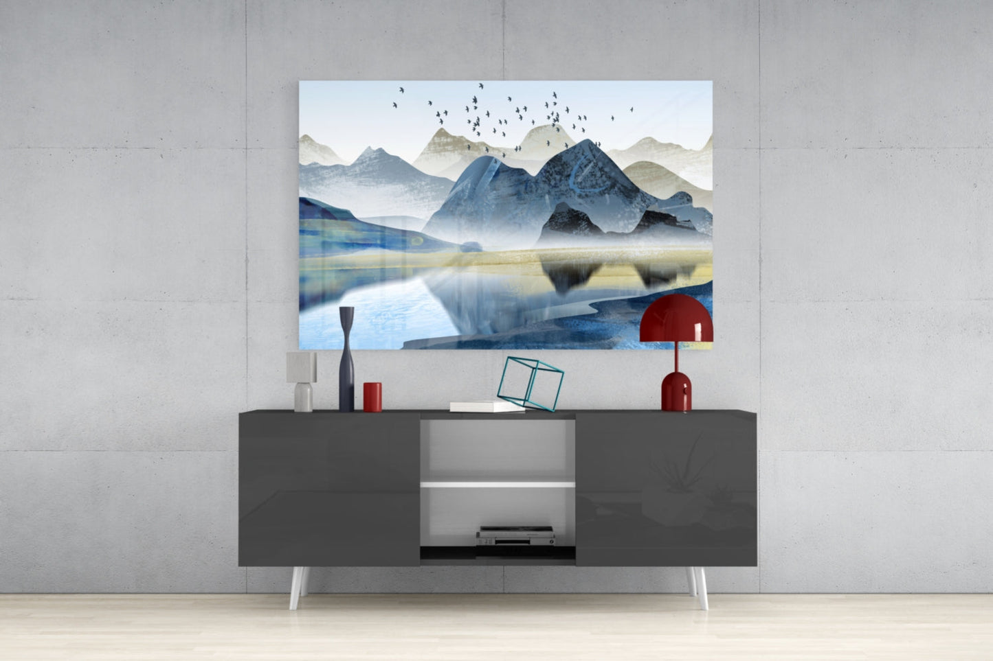 Minimalist Cobalt Mountains Glass Wall Art, Lake Landscape