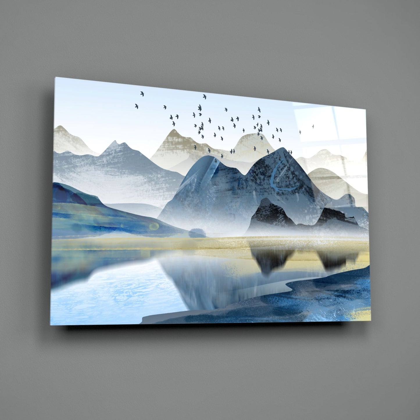 Minimalist Cobalt Mountains Glass Wall Art, Lake Landscape