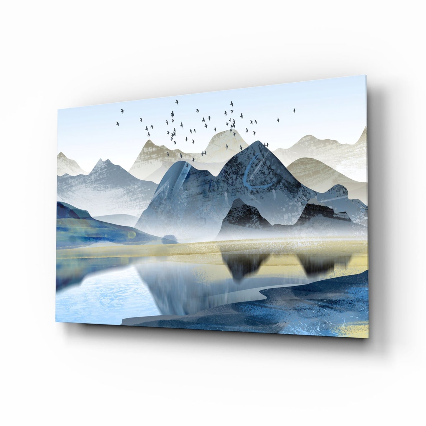Minimalist Cobalt Mountains Glass Wall Art, Lake Landscape