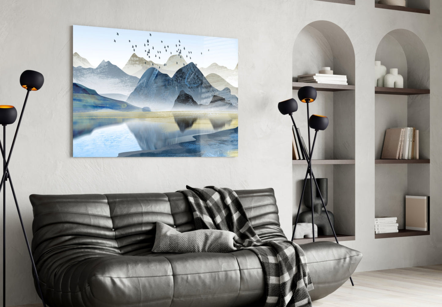 Minimalist Cobalt Mountains Glass Wall Art, Lake Landscape