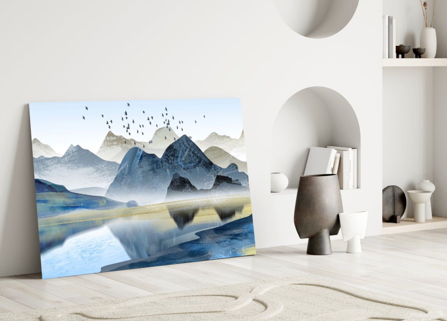 Minimalist Cobalt Mountains Glass Wall Art, Lake Landscape