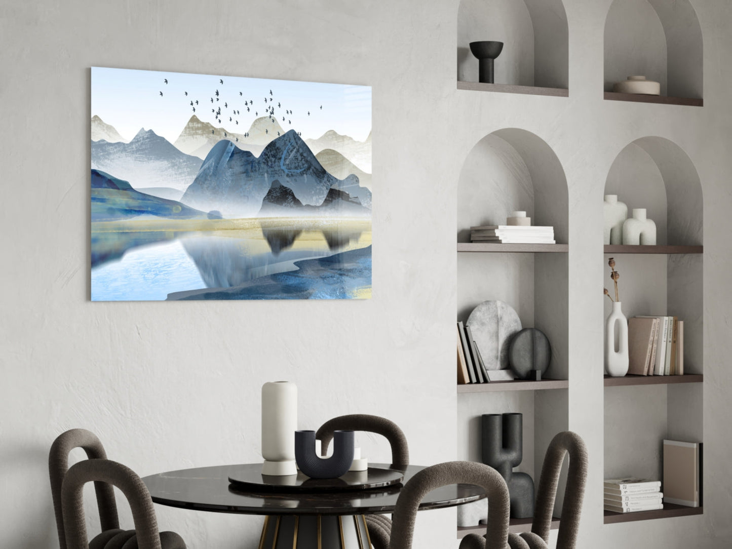 Minimalist Cobalt Mountains Glass Wall Art, Lake Landscape