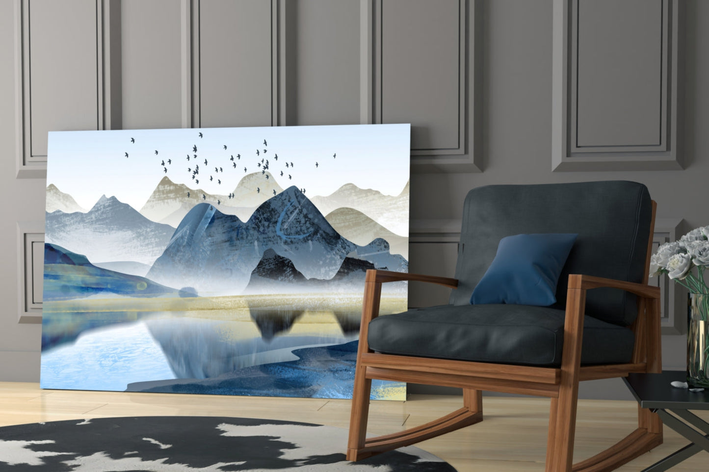 Minimalist Cobalt Mountains Glass Wall Art, Lake Landscape