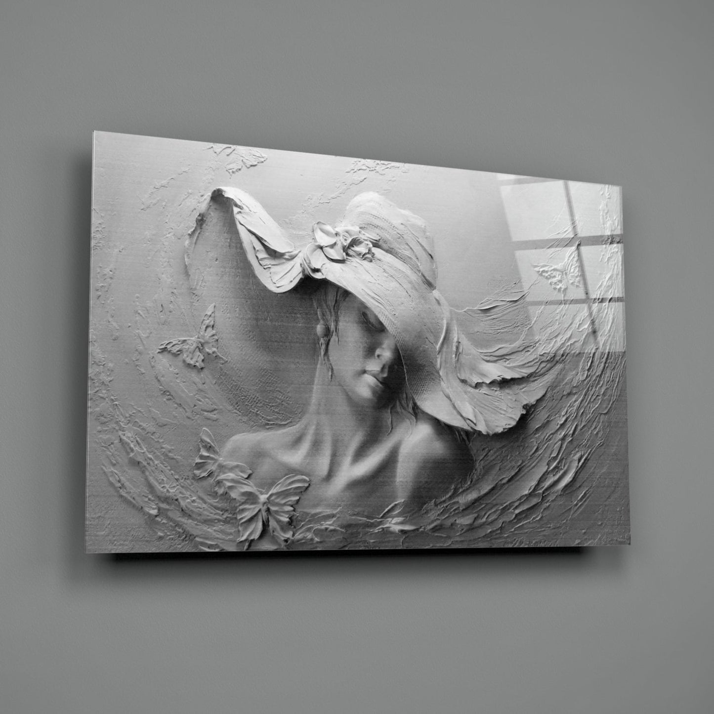 Relief Woman with Butterflies Glass Wall Art