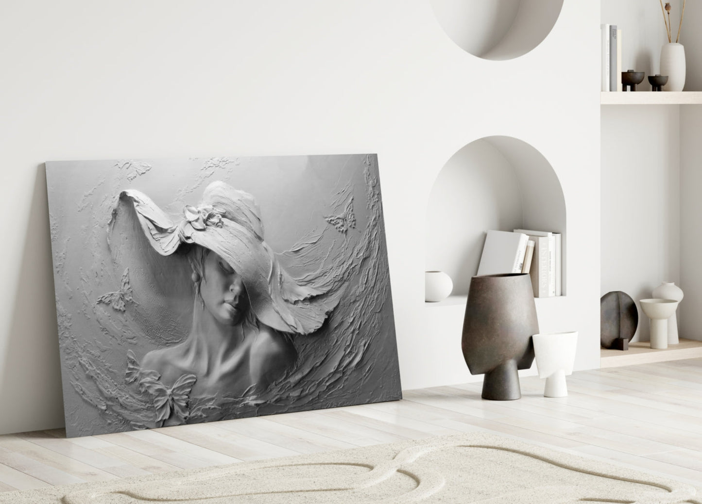 Relief Woman with Butterflies Glass Wall Art