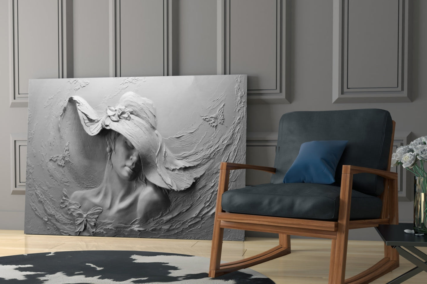 Relief Woman with Butterflies Glass Wall Art