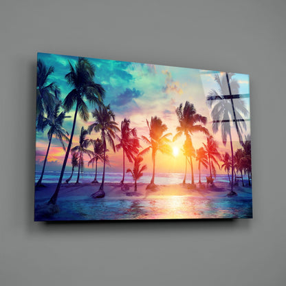 Tropical Sunset Palms Glass Wall Art