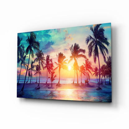 Tropical Sunset Palms Glass Wall Art