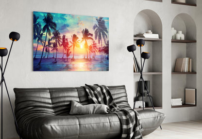 Tropical Sunset Palms Glass Wall Art